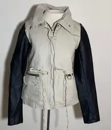 Women’s JJ Safari utility jacket canvas faux Leather sleeves small color block