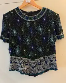 Vtg Laurence Kazar Women's Silk Sequins Beaded Evening Top - Blue/Green/Black