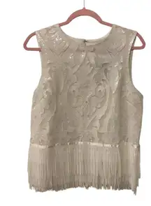 NWOT English Factory White Sequin Party Crop Fringe Top, L