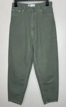 Zara Balloon Jeans 4 Women Green High Waist Ankle Crop 100% Cotton Casual Trendy