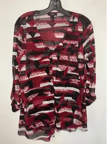 Alfani Women's V-Neck Ruched Sleeve 3-Tone Pullover Blouse Black Red Size Large