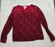 Preston & York Red Velvet Rose Burnout Long Sleeve V Neck Top Size L