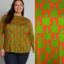 Modcloth  Checkered You Got This Mock Nexk Top Knit Christmas Trees Green Red L