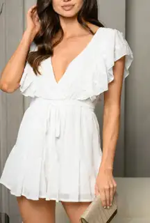 MIOU MUSE Ruffle Detail V Neck Romper Off White Medium Women