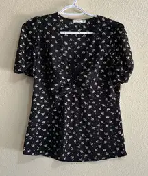 Mango Black Blouse with White Floral Design