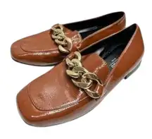 Blondo Waterproof Chain Accent Loafers Square Toe Brown Patent Leather Size 5