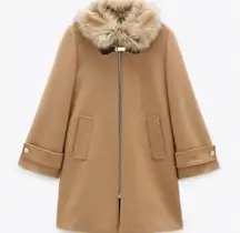 ZARA Manteca Beige Luxury Wool Coat With Faux Fur