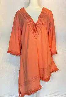 Soft Surroundings Coral Orange Fringed Boho Diagonal Hem Cotton & Lace Top MP