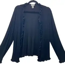 Chicos Womans Cardigan Size L Open Front Traveler‎ Slinky Knit Stretchy Ruffle