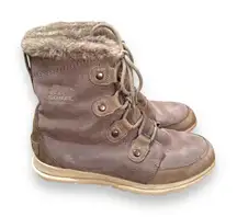 Sorel Joan Explorer Shearling Faux Fur‎ Lace Up Gray Leather Booties Sz 9
