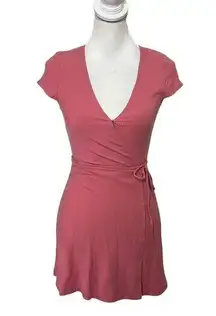 Reformation  Tulip Ribbed Wrap Mini Dress Dusty Rose Pink Knit Stretch Womens XS