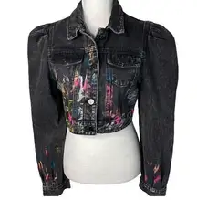 SHEIN Splatter Paint Puff Sleeve Cropped Denim Jacket (Washed Black) - 6