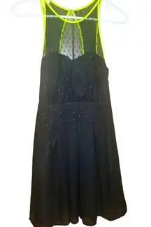 Princess Vera Wang Black Polka Dot Neon Yellow Trim Belt lo Chiffon Dress Size 1