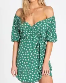 Billabong  - Best Dressed Sage Green Floral Print Off-the-Shoulder Wrap Dress