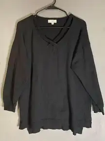 Umgee Tunic Sweater Womens Black Criss Cross V Neck Long Sleeve High Low XL