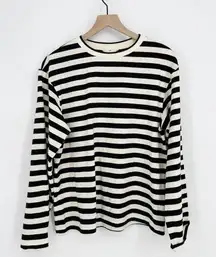 Long Sleeve T-Shirt Striped Drop Shoulder Crew Neck Cream Black Women's S