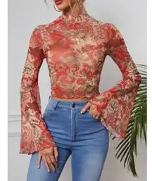 Floral Semi Sheer Chiffon Crop Blouse Long Bell Sleeve Boho Y2K Festival Fall