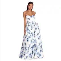 White and Blue Floral Strapless Ballgown/Prom Dress