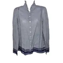 Roller Rabbit Blue White Stripe Embroidered Long Sleeve Button-Down Shirt S