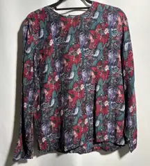 Nora Noh Silk Top Abstract Print Blouse Long Sleeve Button Red Green‎ Purple 10