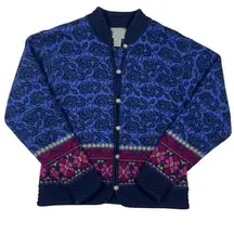Squaw Valley Fair Isle Nordic Sweater Womens Medium Wool Cardigan Blue