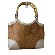 Ann Taylor  Tan Straw W/Cream Leather Shoulder Bag W/Wooden Handle Beachy Resort.