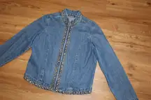 Denim jacket with gold studs, zip-up front and buttoned cuffs