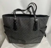 MICHAEL KORS Jet Set Travel Large Gray MK Logo Tote Bag Leather Trim