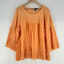 Jessica Simpson Lightweight Orange Mesh Lace Eyelet 3/4 Flare‎ Sleeves Swing Top