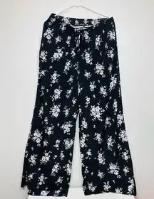 Drawcord-Waist Pants Wide Legs Tropical Floral Sz M