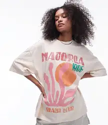 ASOS Topshop Graphic Majorca Art Oversized Tee in Stone Size S