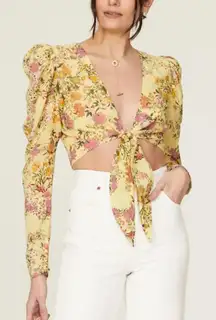Hemant and Nandita Yellow Floral Crop Top XS Hippie Gypsy Plunging Princess $238