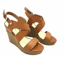 Marc Fisher Leather Platform Wedge Sandals Cognac Brown Women’s Size 9.5