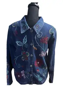 Tantrums Vintage Denim Floral Embroidery Jacket | Boho Chic | Size S