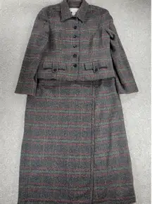 VTG Liz Claiborne Tweed Skirt Suit Womens 12 Gray Wool Faux‎ Wrap Blanket Skirt