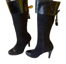 BCBGirls black synthetic with patent leather high heel tassel boots size 7.5