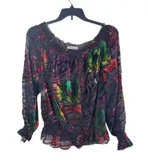 NYgard Sheer Velvet Burnout On/Off Shoulder Bishop Sleeve Tropical Floral Top XL