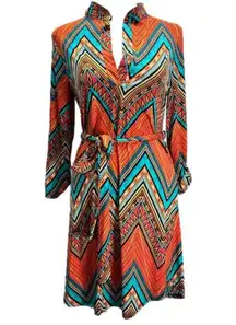 Auditions Southwestern Orange Turquoise Black Zigzag Belted Dress Size Small NEW