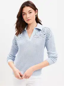 Loft Light‎ Blue Crochet Yoke Split Neck Sweater Sz L Womens