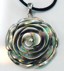 Rose Pendant Necklace Large Mother Of Pearl Flower 2 Inch Black Cord 925 Silver