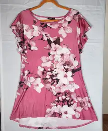 Lily by Firmiana Large Pink Rose Floral Tunic Blouse Flowy Short Sleeve Chic