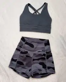 Gray Camo Hot Pants Shorts Sports Bra Matching Workout Outfit Set!