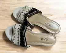 Van Eli‎ Sandals 7.5 M Beige Black Embroidered Slip On Comfort Casual Shoes