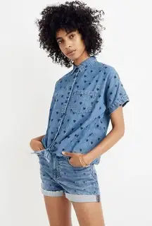 Madewell  Denim Short-Sleeve Tie-Front Shirt in Heart Print- Size Medium