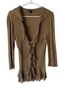 American Living‎ Y2k Sweater Small Ruffle Trim Ribbed Knit Cardigan Top Coquette