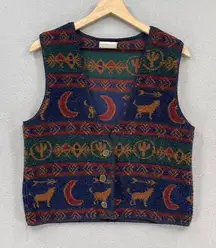 Vintage Coldwater Creek Vest Womens Sm/Md Blue Southwestern Howling Wolf Boho