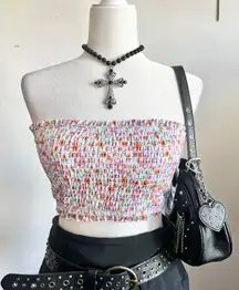 White Smocked Bandeau Swim Top Ditsy Floral, Cottagecore, Y2K,‎ Coquette, Small