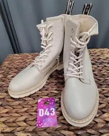 Nero Giardini Ankle Boots Women's 6.5 Beige Leather Lace Up Side Zip Booties