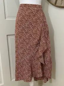 Wishlist Floral Flowy Ruffle Midi Skirt Rust Clay White Flowers Cottagecore Sz L