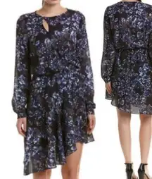 Parker  Floral Dress Fit & Flare Faux Wrap Mini Dark Bluebonnet NEW Womens Small